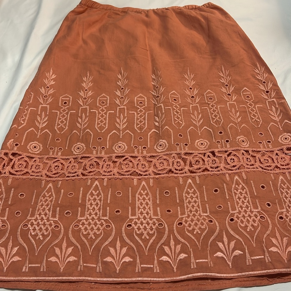 J. Jill Orange Embroidered Embellished A-Line Midi Linen Skirt M - Picture 8 of 9